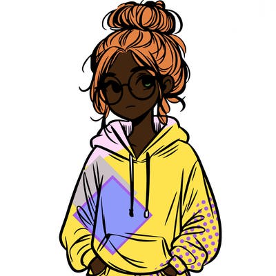 teen girl with a messy bun and glasses wearing a loose hoodie and jeans