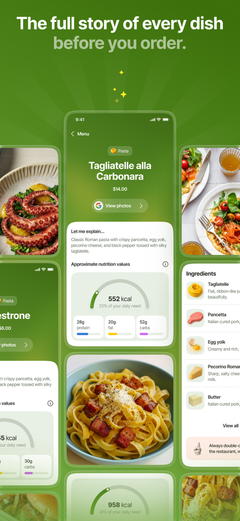 Thomas AI: Eat Smart & Healthy - Thomas AI app screen showing nutritional values and ingredients for a restaurant meal