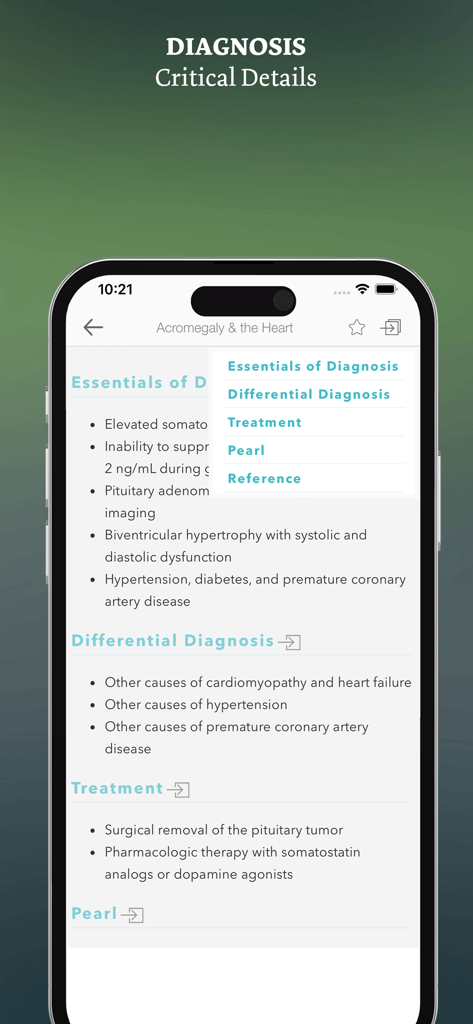 Interfaz de la aplicación Cardiología: Diagnóstico y Tratamiento que muestra información clínica para la acromegalia y el corazón