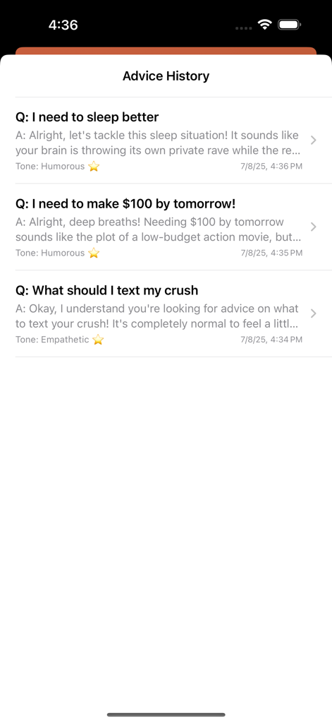 Polyai - Polyai app advice history screen showing past questions and personalized AI responses