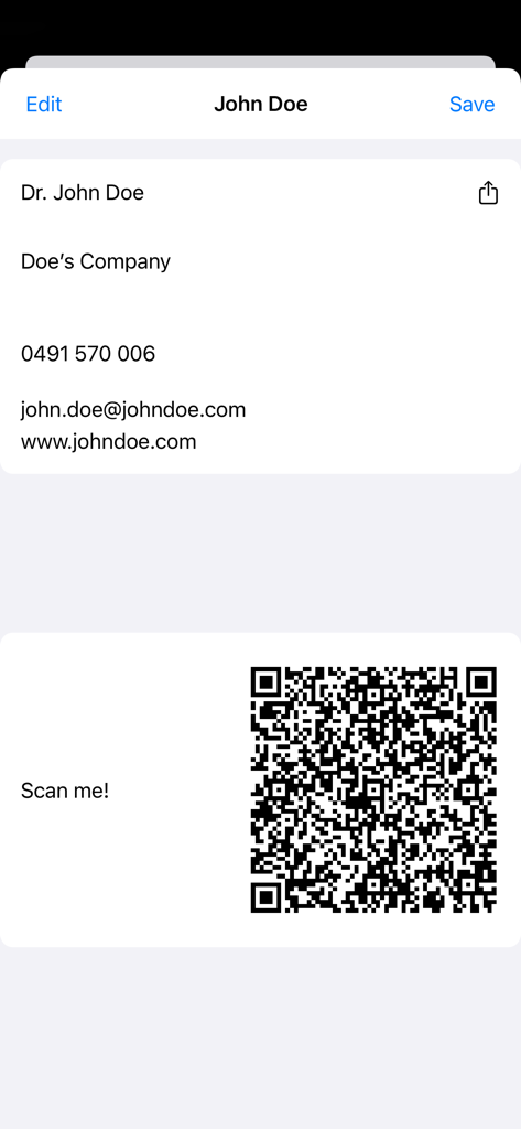 Contact-Cards - Biglietto da visita digitale che mostra informazioni di contatto e un codice QR per la scansione.