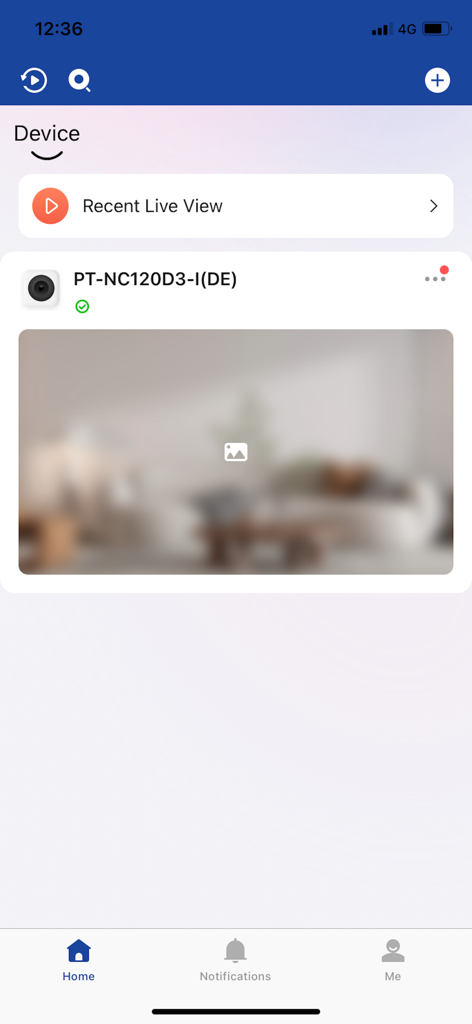 Prama Online mobile app showing security camera device and live view