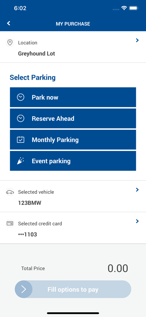 LAZ Parking - LAZ Parking app checkout screen showing options for Park Now, Reserve Ahead, and Monthly Parking with vehicle and payment selection