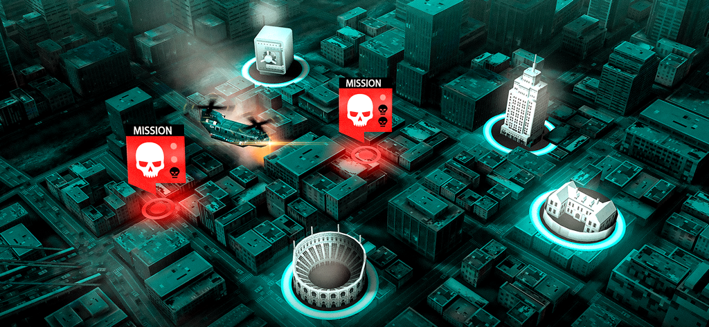 Tactical city map with mission icons and a helicopter in Dead Trigger