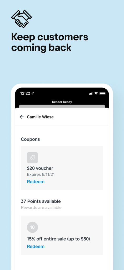 Square: Retail Point of Sale - Benutzeroberfläche der Square Retail App mit Kundenbindungspunkten und Rabattgutscheinen