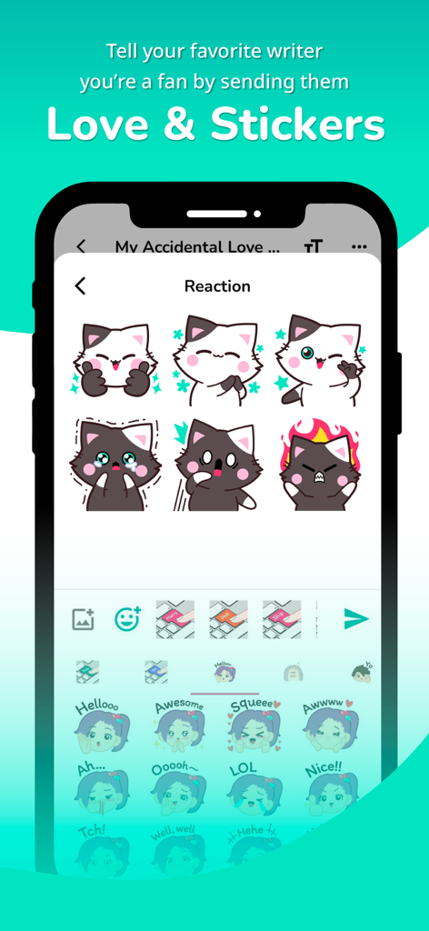 Lunarwrite - Interface de l'application Lunarwrite montrant une collection de stickers de chats et de personnages mignons utilisés pour interagir avec les auteurs