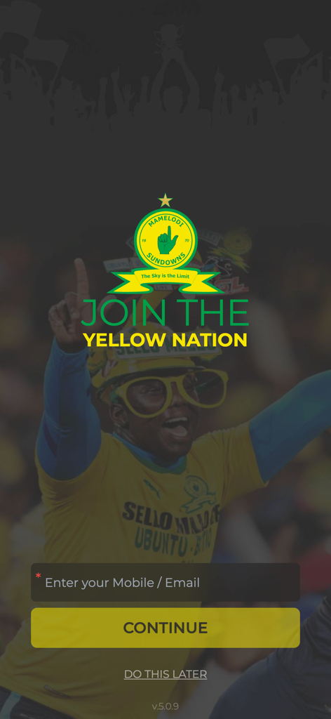 Mamelodi Sundowns Official App - Login screen of the Mamelodi Sundowns Official App with Join the Yellow Nation text