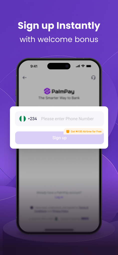PalmPay - Transfers, Bills - Pantalla de registro de la aplicación móvil PalmPay en un smartphone que muestra un formulario de registro instantáneo con una oferta de bonificación de bienvenida.