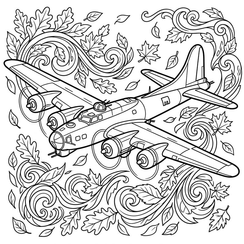 Prepare for an exciting journey with this unique coloring page featuring a powerful bomber aircraft soaring amidst a vibrant autumn landscape. The intricate design of swirling leaves and classic plane offers a delightful coloring experience for aviation enthusiasts and fall lovers alike.
