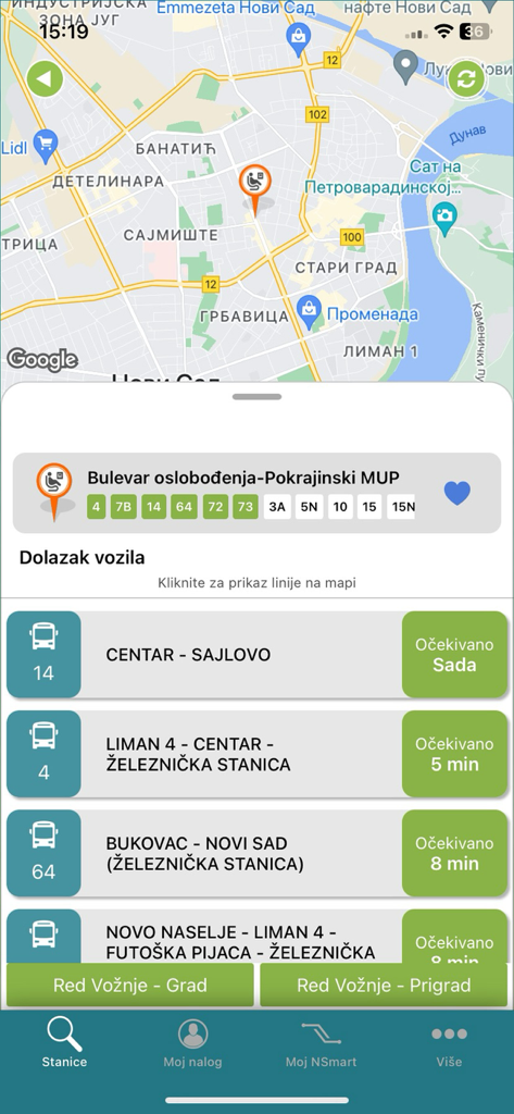 Nsmart JGSP - Novi Sad - Nsmart app interface showing real-time bus arrival times and stop location on a map of Novi Sad