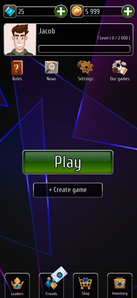 Menu principal do jogo de cartas Bluff Online apresentando um perfil de jogador e um grande botão de jogar