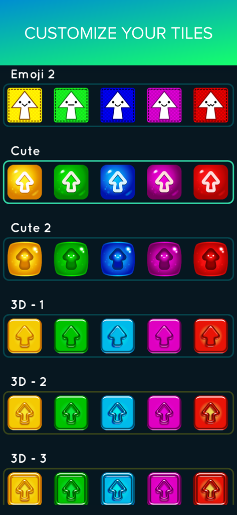 Interface screen for customizing arrow tiles with different styles like emoji and 3D designs in various colors