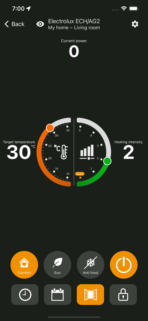 ClimatOn - Interfaz de la aplicación ClimatOn que muestra los controles de temperatura e intensidad de calefacción para un calefactor de convección inteligente en la sala de estar.