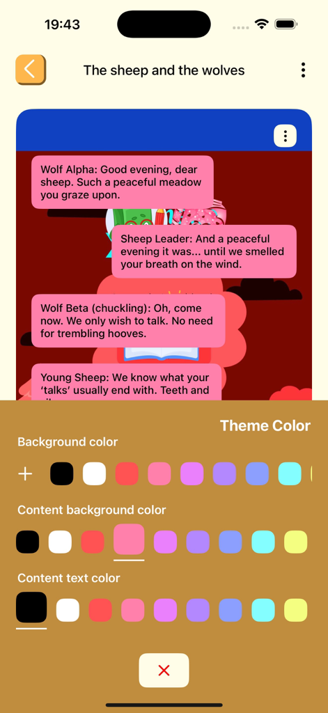Readera Proge - Book Craft - Interfaz de la aplicación Readera Proge mostrando opciones de personalización de colores de temas de libros, incluyendo fondo y texto