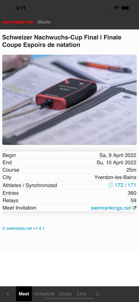 Swimstats Live app screen displaying summary information and statistics for a specific swim meet