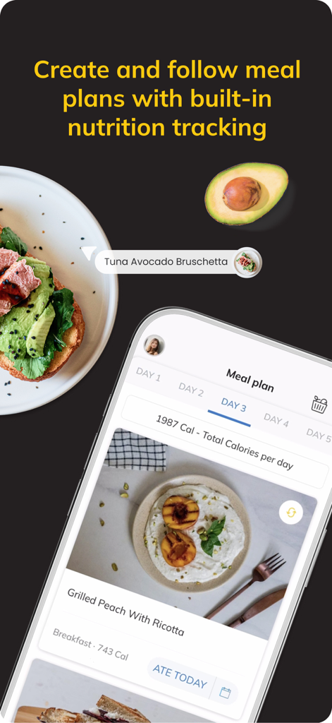Fitness App (ABC Trainerize) - Oberfläche für die Essensplanung und Ernährungsverfolgung in der ABC Trainerize App