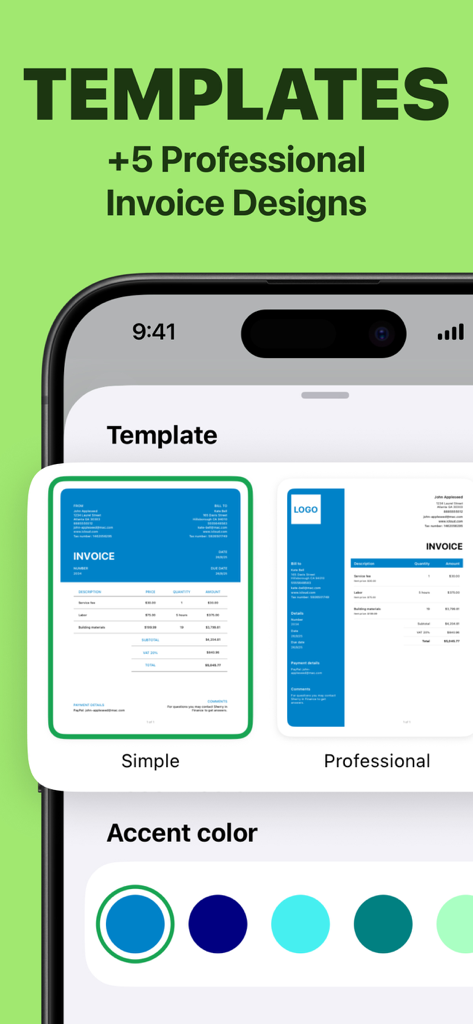 Invoice.app: Receipt Generator - Interface of Invoice.app showing professional invoice templates and a selection of accent colors for branding