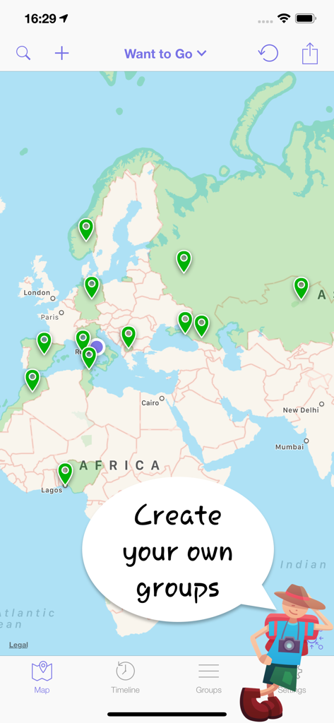 Mapa mundial com pins verdes e um balão de fala dizendo Crie seus próprios grupos no aplicativo de viagem EveryPlace