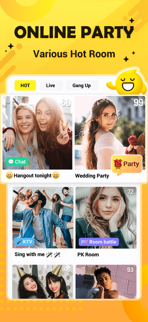 Hago app screen displaying various live social party and chat rooms for Gen Z users
