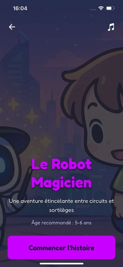 eBooKids - Start screen of the interactive story Le Robot Magicien on eBooKids app for children aged 5 to 6 years old