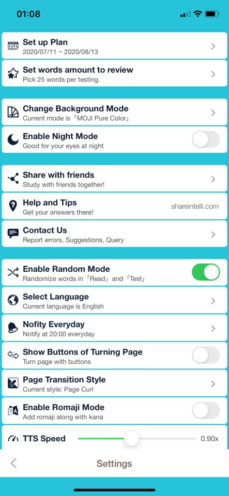 MOJi N5-Vocabulary for JLPT N5 - Das Einstellungsmenü der japanischen Vokabel-App MOJi N5 zeigt Optionen für Lernpläne und Anzeige.
