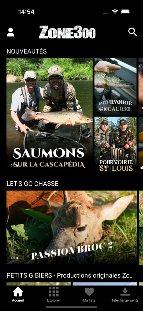Home screen of the Zone300 app showing hunting and fishing video documentaries