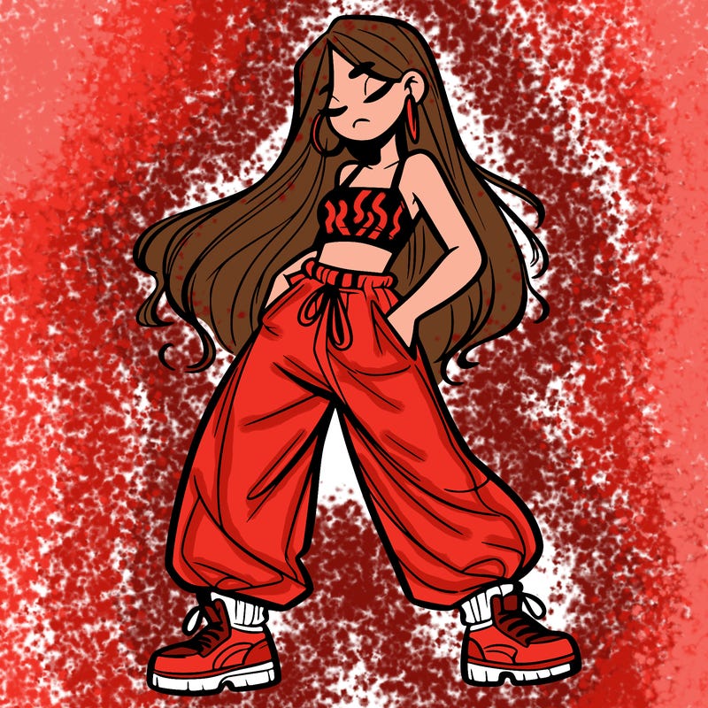 girl in baggy pants crop top and long hair