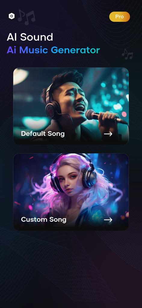 Ai Sound : Ai Music Generator - Home screen of the Ai Sound app showing Default Song and Custom Song selection buttons
