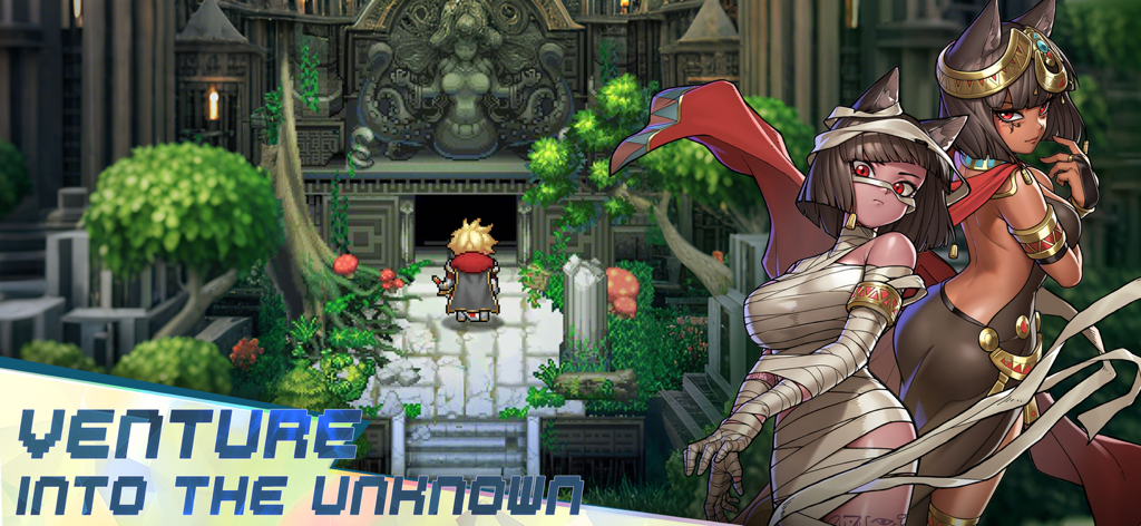 Realms of Pixel - Herói em pixel art na entrada de um templo com personagens de anime e o texto Venture Into The Unknown