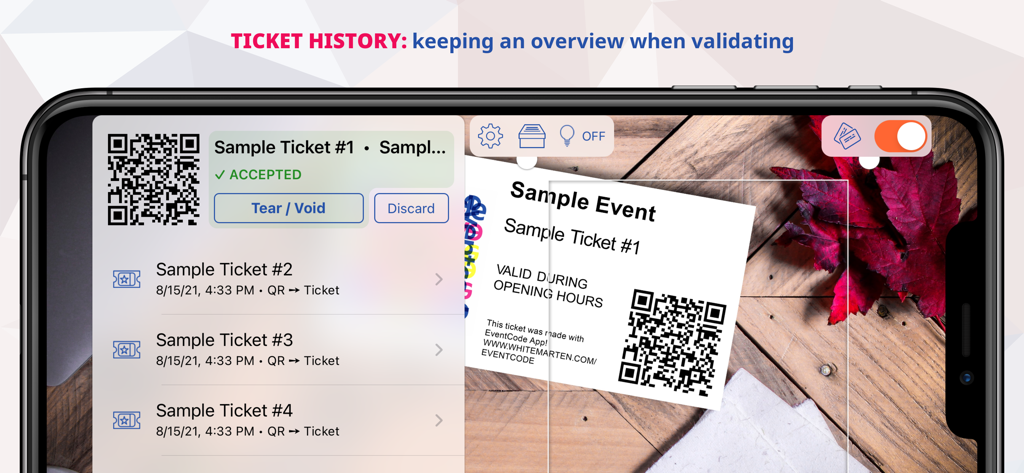 EventCode+ XQ QR Ticket System - Smartphone screen showing ticket validation history and QR code scanning for events