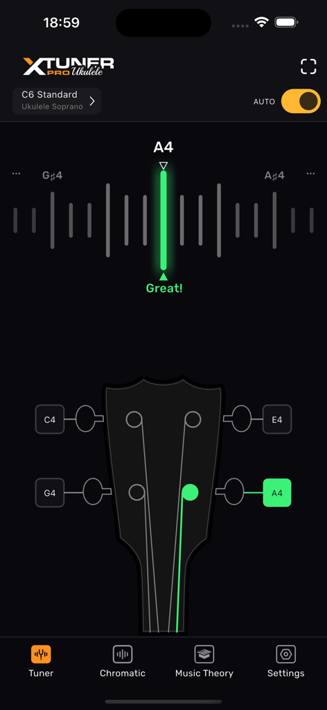 The tuning interface of the Ukulele Tuner XTuner PRO app showing a soprano ukulele string perfectly tuned to A4