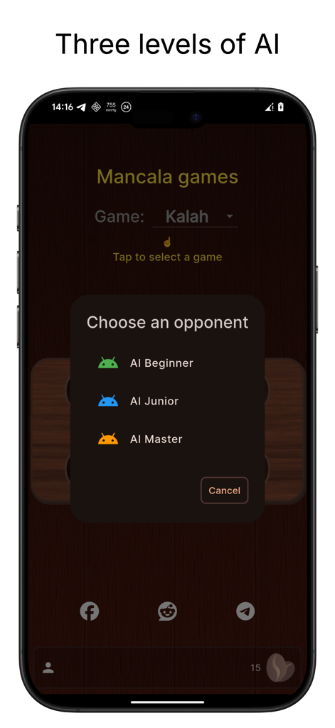 Mancala games - Selection screen for three AI difficulty levels in the Mancala games app