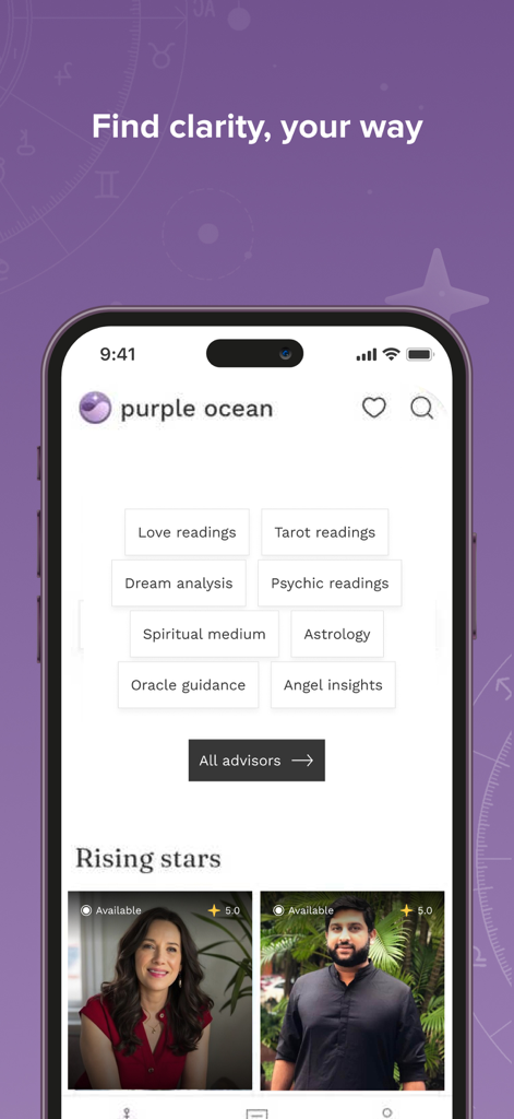 Purple Ocean Psychic Reading - Purple Ocean app screen showing psychic reading categories and rising star advisors