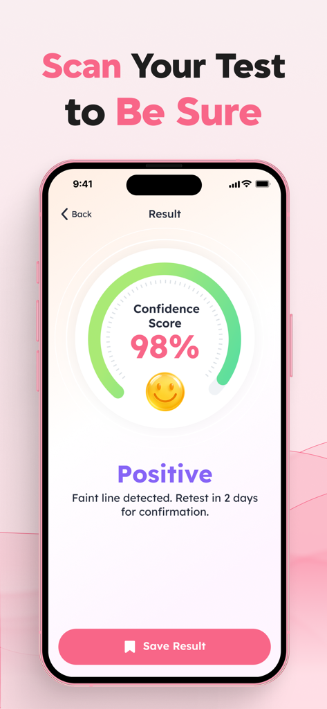 Pregnancy Test Checker & Scan - A smartphone app screen displaying a positive pregnancy test result with a ninety eight percent confidence score