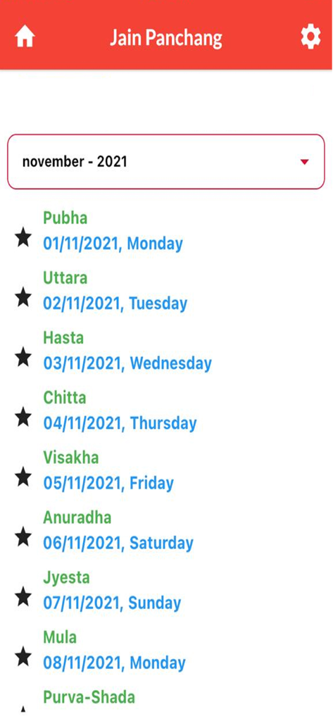 Jain Panchang mobile app screen showing a list of religious dates and nakshatras for November 2021.