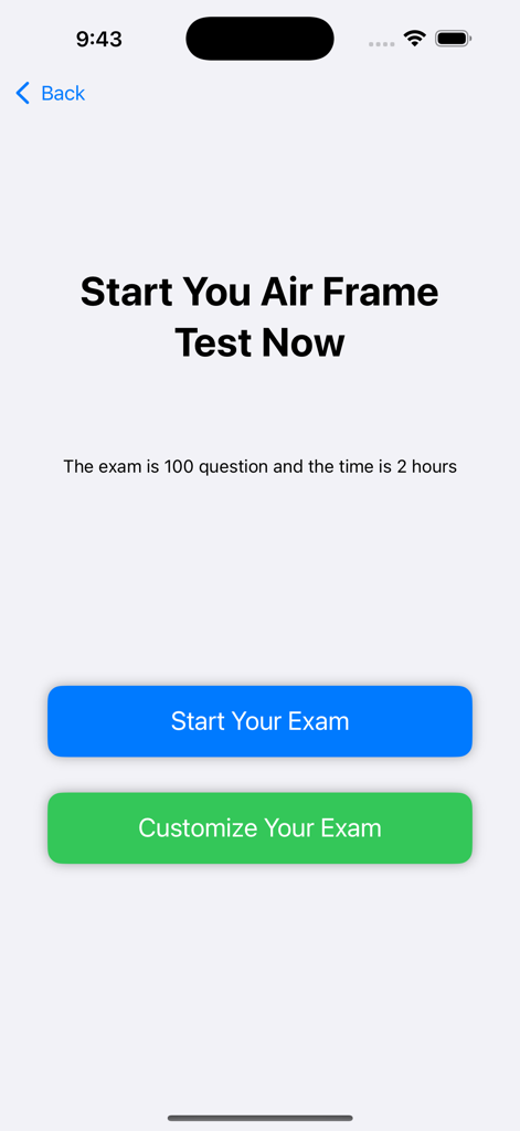Prepare Aviation Maintenance - Prepare Aviation Maintenanceアプリの航空機関連試験シミュレーションの開始画面。テストの開始またはカスタマイズのオプションが表示されています。