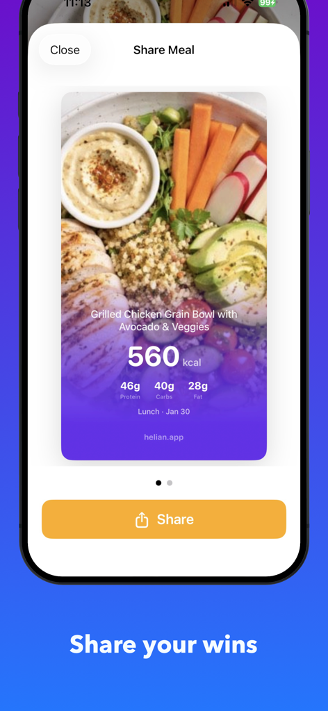 helian - AI Calorie Counter - A shareable meal summary card from the Helian app showing calories and macros for a healthy grain bowl