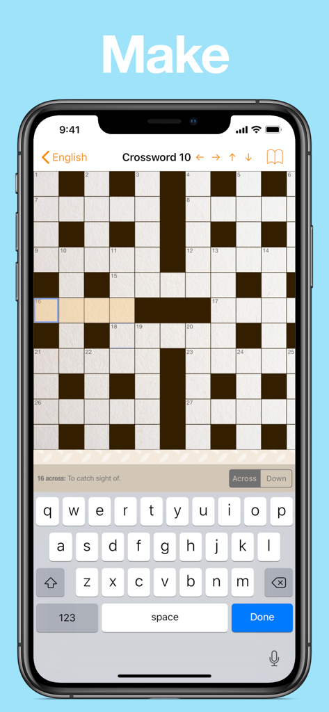 A screenshot of the Accessible Crosswords app showing a crossword grid and on-screen keyboard for making and solving puzzles.