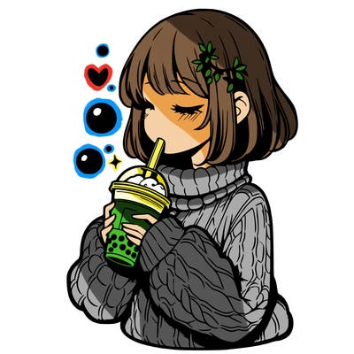 manga girl drinking boba in cozy sweater