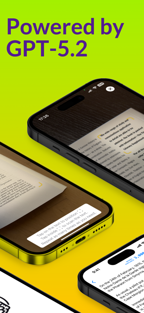Interfaccia dell'app Scanner Libri OCR con estrazione testo potenziata dall'IA e correzione bozze GPT su iPhone.