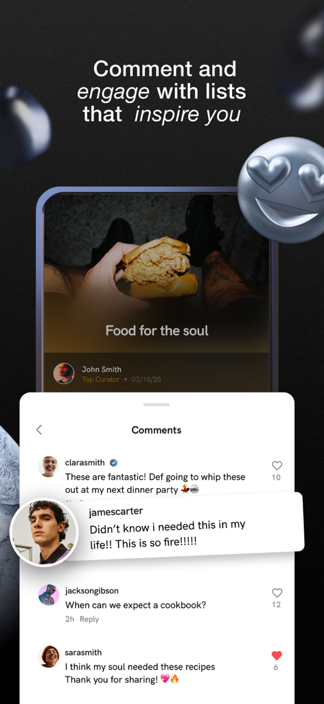 Hypelist app screen showing users commenting and engaging with a curated list about food