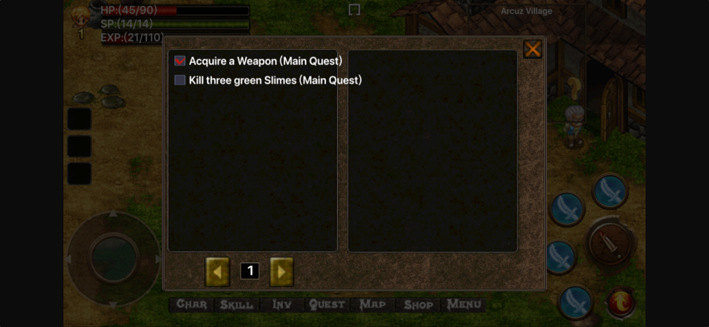 Journal de quêtes en jeu montrant les objectifs principaux dans le RPG d'action mobile Arcuz Behind the Dark.