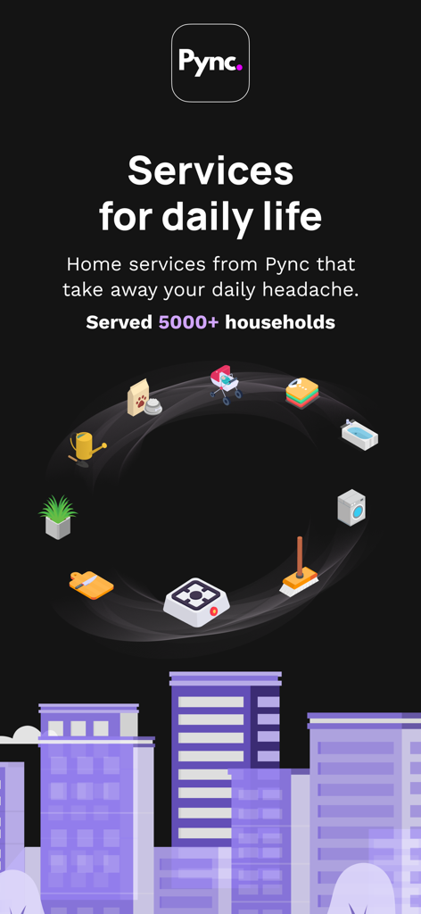 Pync app interface displaying various home services like cleaning and cooking with a city background
