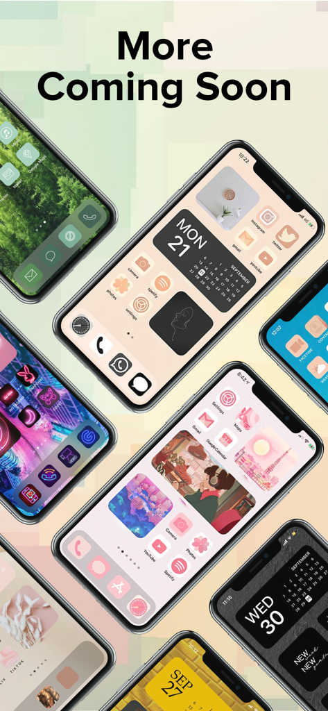 My Icon Changer - Un collage de iPhones mostrando varios temas de pantalla de inicio estéticos y diseños de iconos personalizados de My Icon Changer.