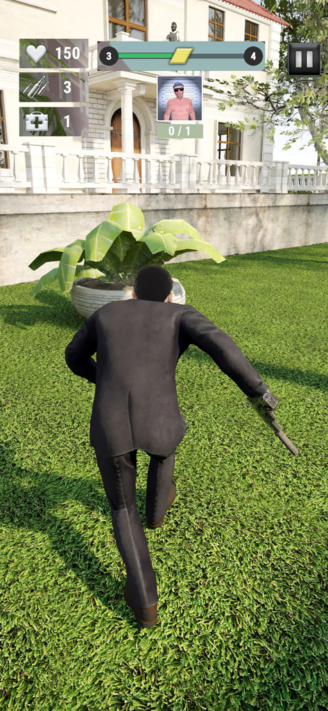 Shooter Agent: Sniper Hunt - Third person view of an assassin in a black suit running towards a mansion with a suppressed pistol in Shooter Agent Sniper Hunt.