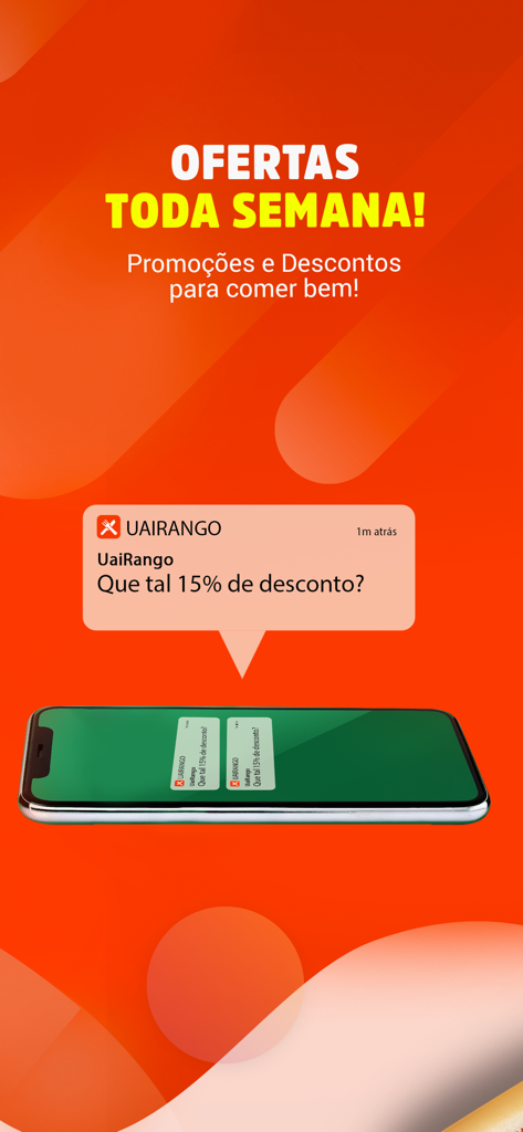 UaiRango - UaiRango mobile app screen showing weekly promotions and a 15 percent discount push notification
