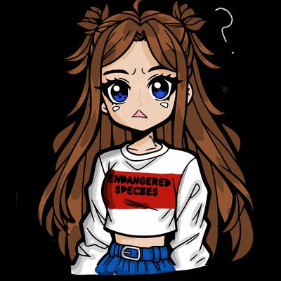 an anime baddie girl with a loose half-bun her eyes sparkle with ambition and cleverness, she is wearing a crop top that says "endangered species" on it