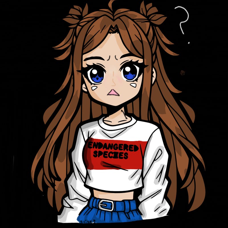 an anime baddie girl with a loose half-bun her eyes sparkle with ambition and cleverness, she is wearing a crop top that says "endangered species" on it