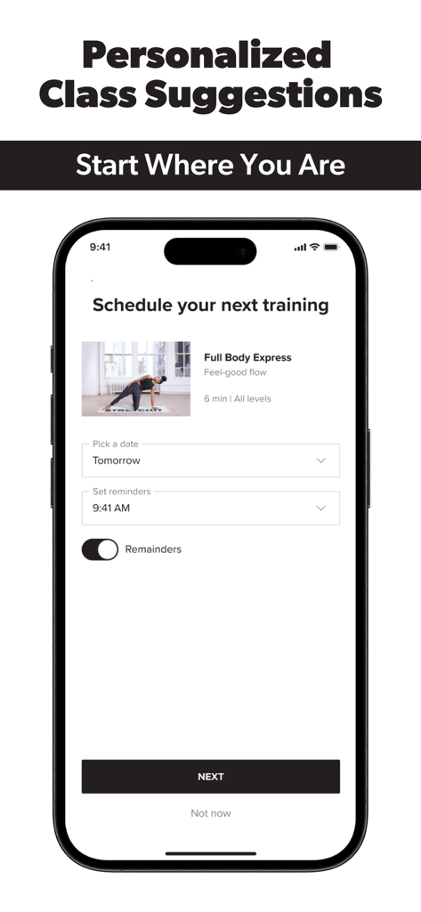 Smartphone screen showing the STRETCHIT app interface for scheduling a personalized full body express stretching class with reminders.