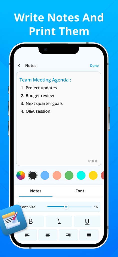Smart Printer: Printer App - Captura de pantalla de la aplicación Smart Printer que muestra una nota de agenda de reunión siendo editada con opciones de formato de fuente y color